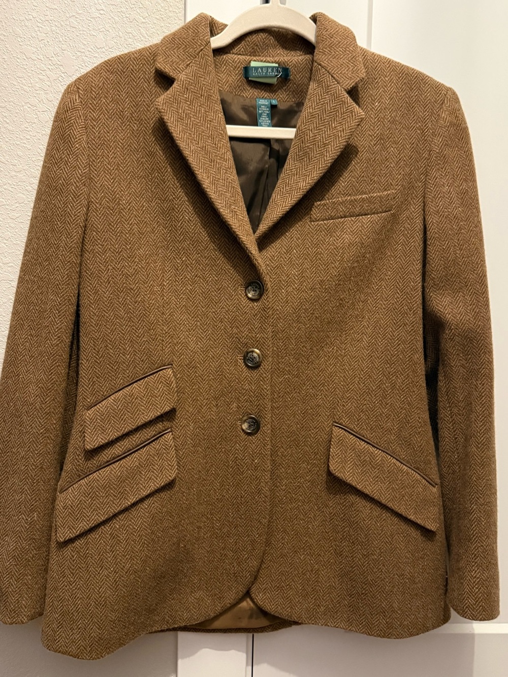 Lauren Ralph Lauren 100% Wool Brown Herringbone Equestrian Tweed Blazer Leather